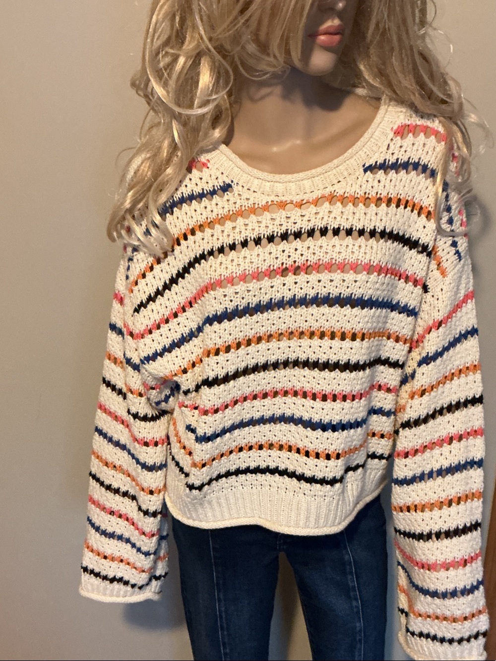 MOTHER Cream Crochet Crew Sweater with Blue and Orange Trim - Picture 6 of 9